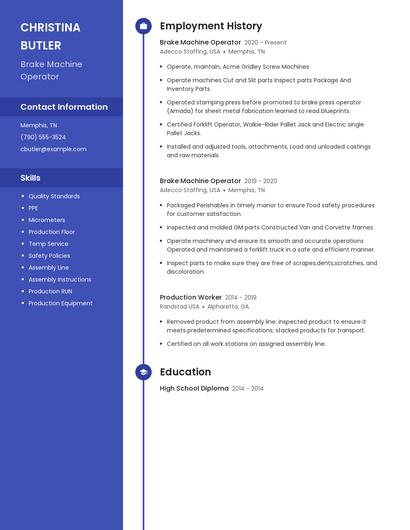 Brake Machine Operator Resume