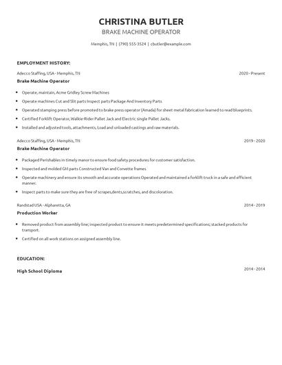 Brake Machine Operator Resume