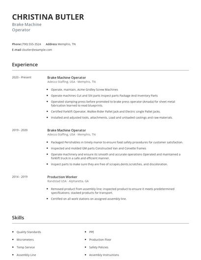 Brake Machine Operator Resume