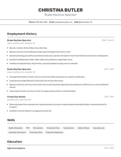 Brake Machine Operator Resume