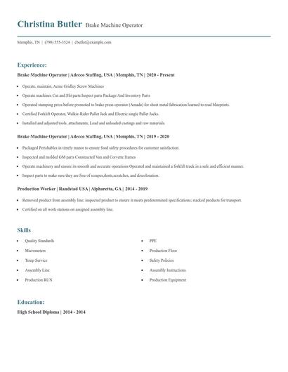 Brake Machine Operator Resume