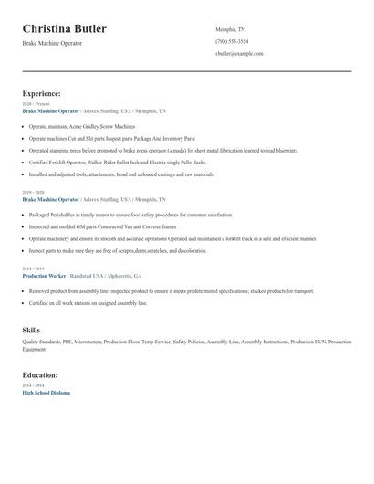 Brake Machine Operator Resume