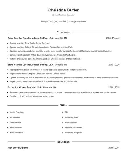 Brake Machine Operator Resume
