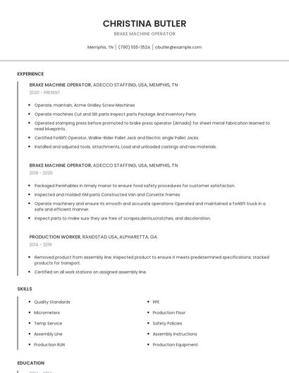 Brake Machine Operator Resume