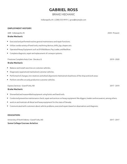 Brake Mechanic Resume