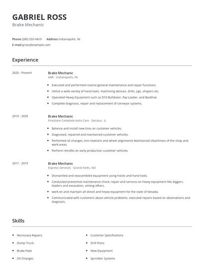 Brake Mechanic Resume