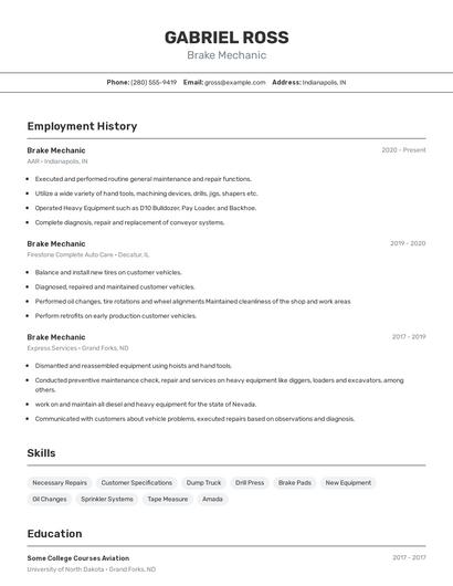 Brake Mechanic Resume
