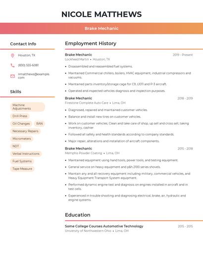 Brake Mechanic Resume