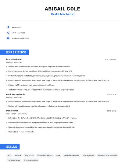 Brake Mechanic Resume