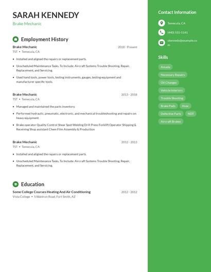 Brake Mechanic Resume