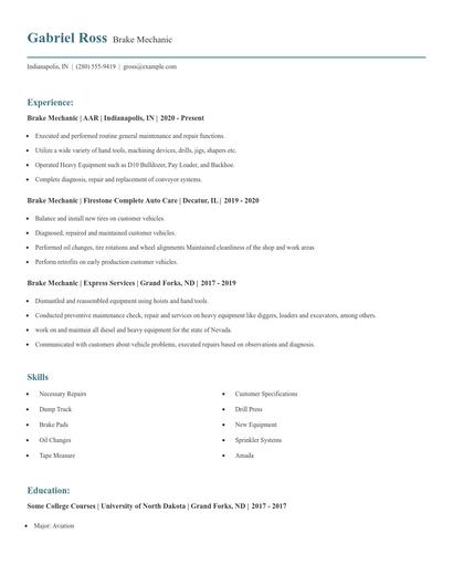 Brake Mechanic Resume