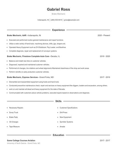 Brake Mechanic Resume