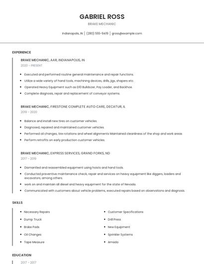 Brake Mechanic Resume
