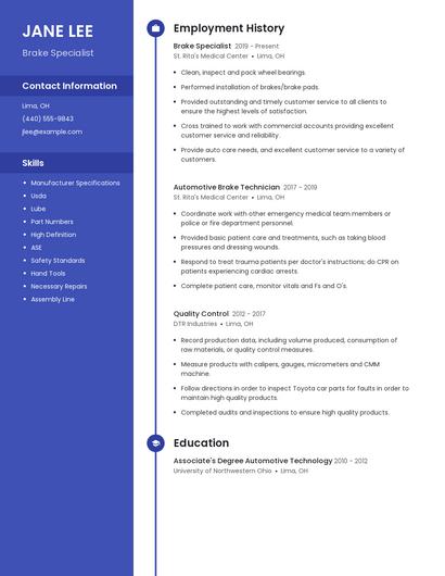 Brake Specialist Resume