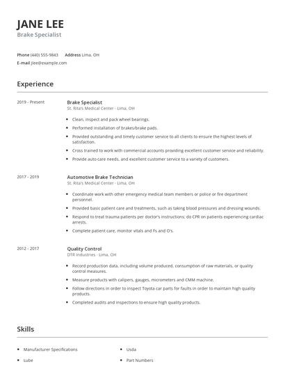 Brake Specialist Resume