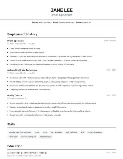 Brake Specialist Resume