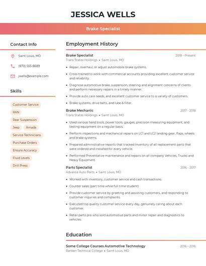 Brake Specialist Resume