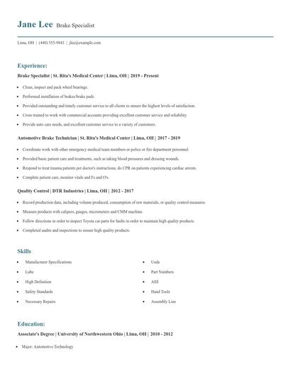 Brake Specialist Resume