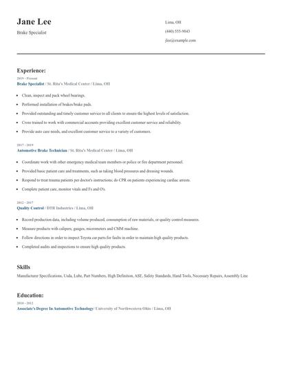 Brake Specialist Resume