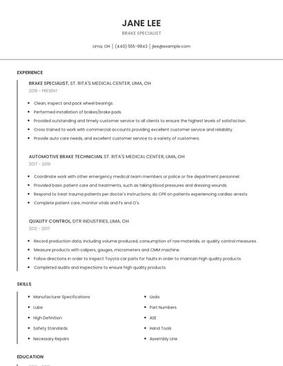 Brake Specialist Resume