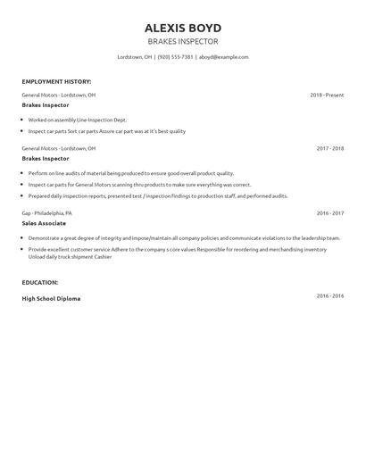 Brakes Inspector Resume