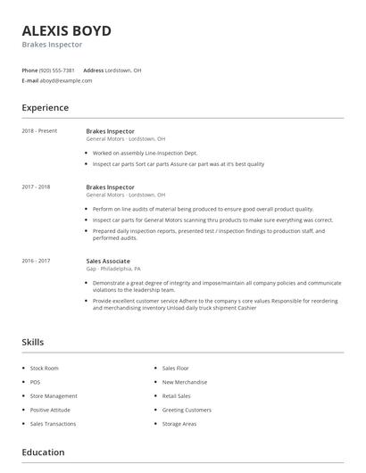 Brakes Inspector Resume