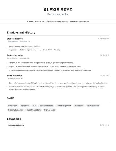 Brakes Inspector Resume