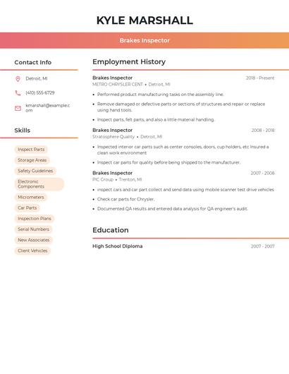 Brakes Inspector Resume