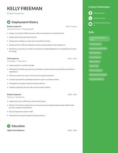 Brakes Inspector Resume