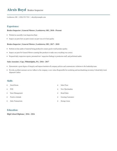 Brakes Inspector Resume