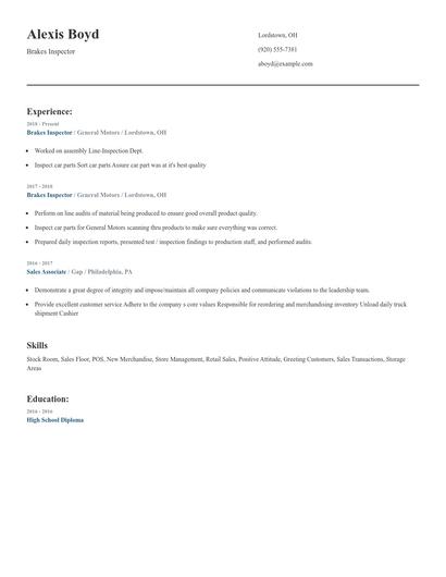 Brakes Inspector Resume