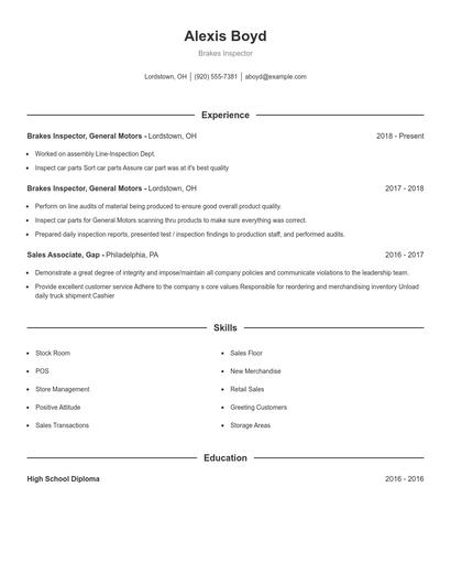 Brakes Inspector Resume