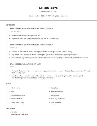 Brakes Inspector Resume