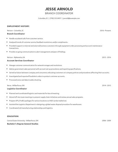 Branch Coordinator Resume