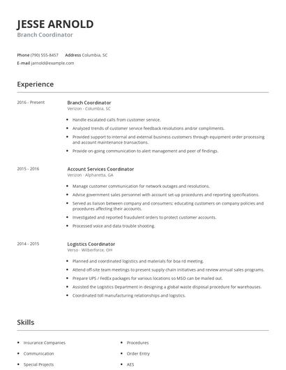Branch Coordinator Resume