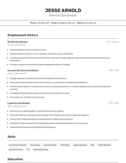 Branch Coordinator Resume