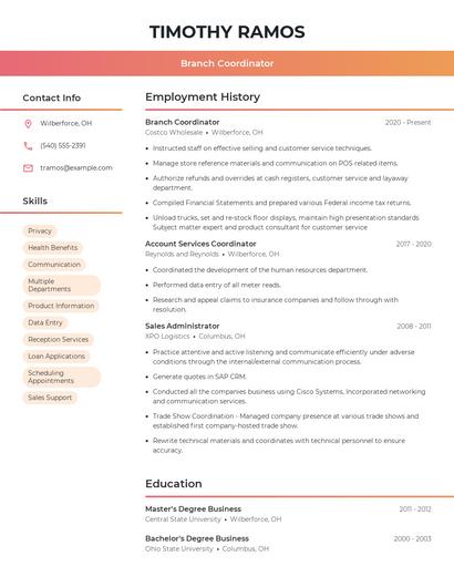 Branch Coordinator Resume