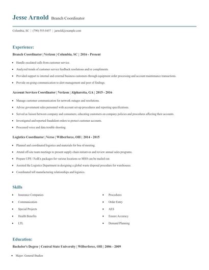 Branch Coordinator Resume