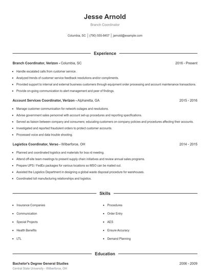 Branch Coordinator Resume