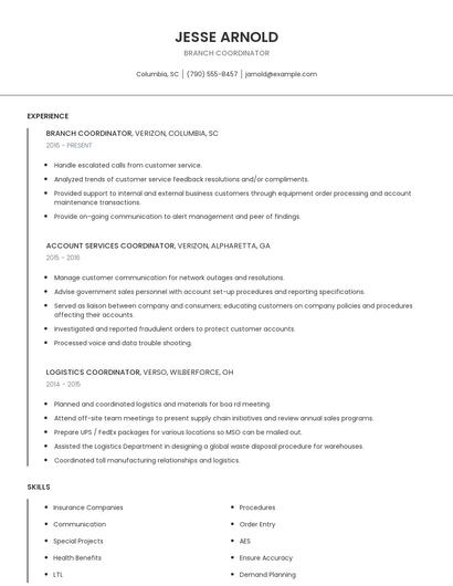 Branch Coordinator Resume