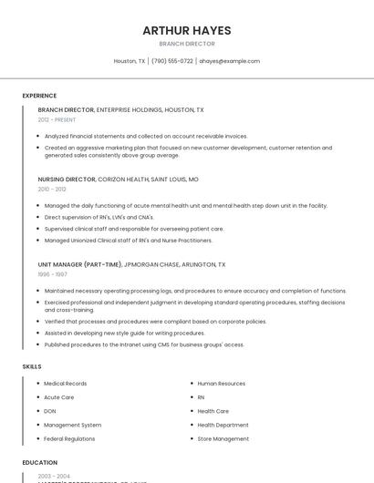 Branch Director Resume