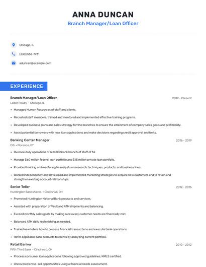 Branch Manager/Loan Officer Resume