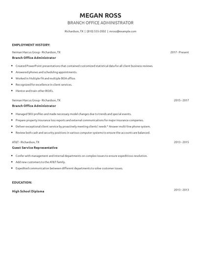 Branch Office Administrator Resume