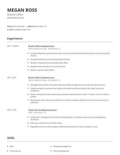 Branch Office Administrator Resume