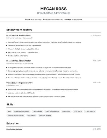 Branch Office Administrator Resume