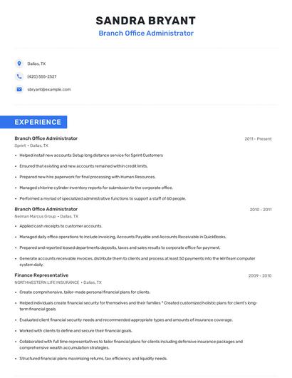 Branch Office Administrator Resume