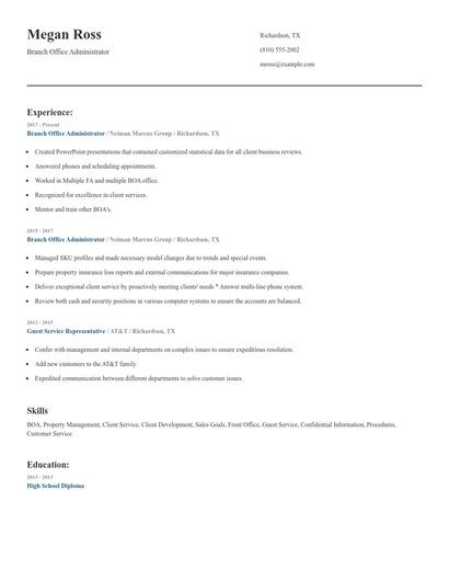 Branch Office Administrator Resume