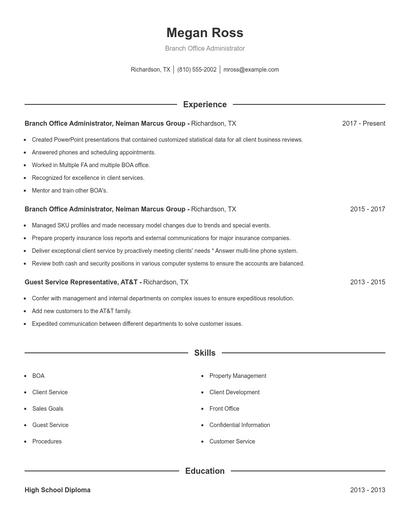 Branch Office Administrator Resume