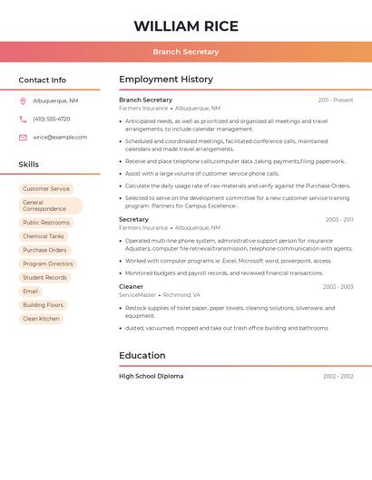 Branch Secretary Resume