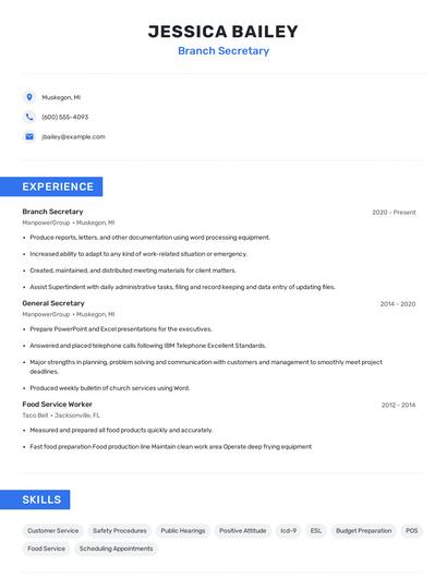 Branch Secretary Resume